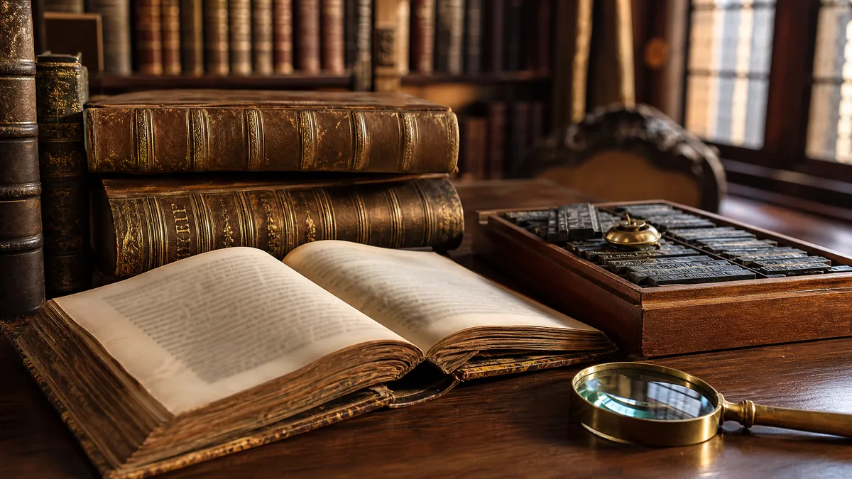 Antique leather-bound books with gilded spines, an open old book and a tray of metal letterpress type on a wooden library table