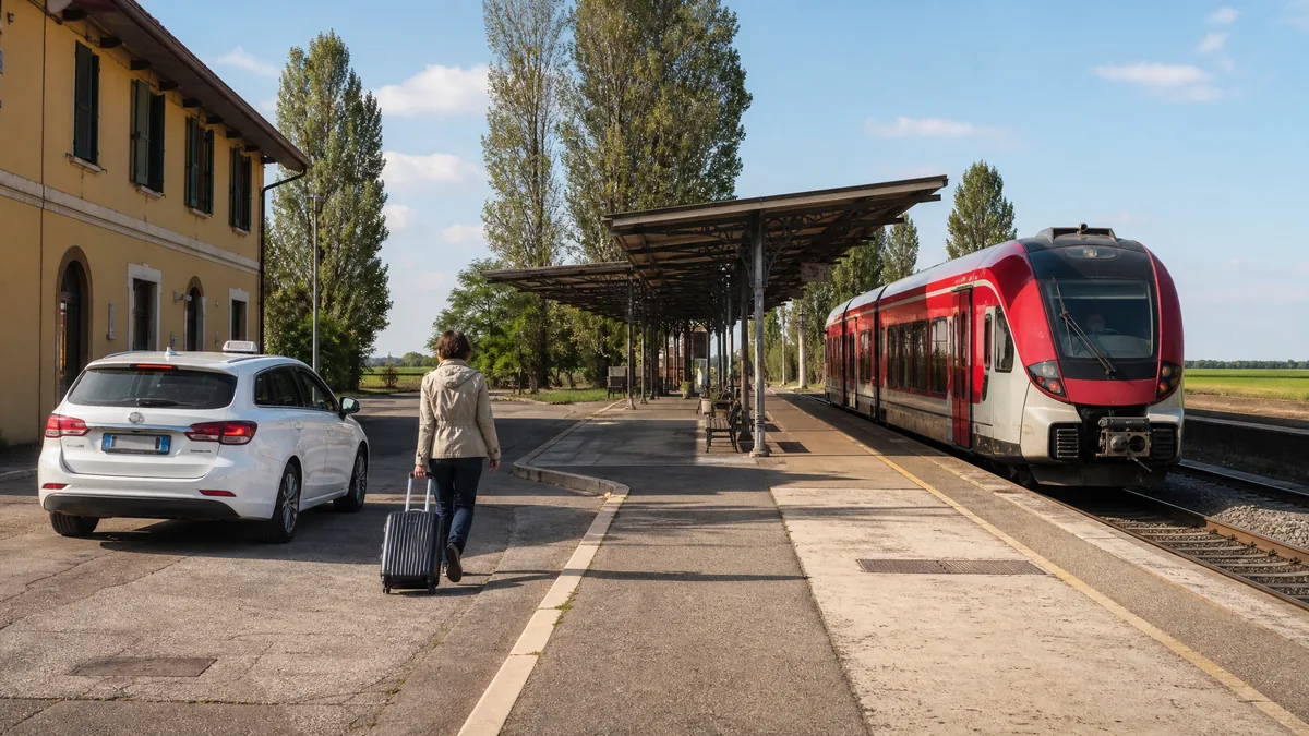 A traveller with a suitcase walking past a white taxi toward a red and white regional train at a small country station