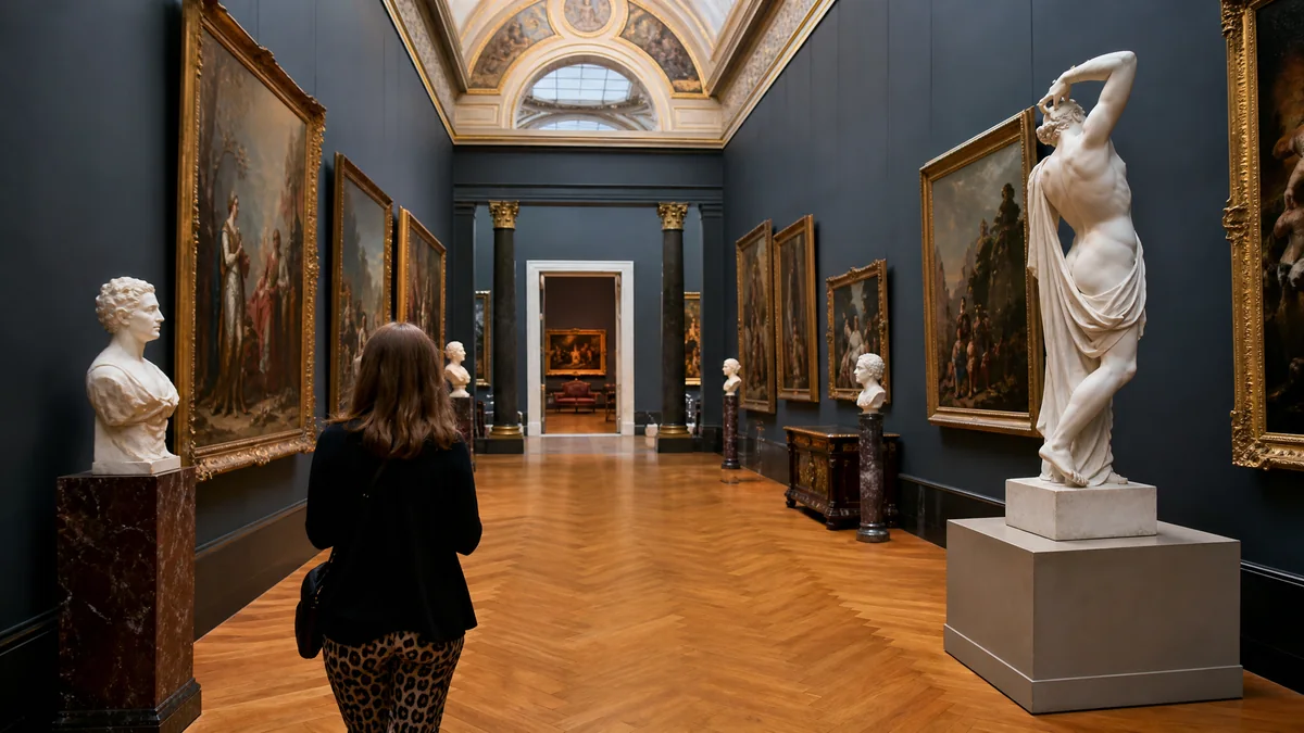 Ein Museumssaal mit Gemälden alter Meister in vergoldeten Rahmen und Marmorbüsten auf Sockeln